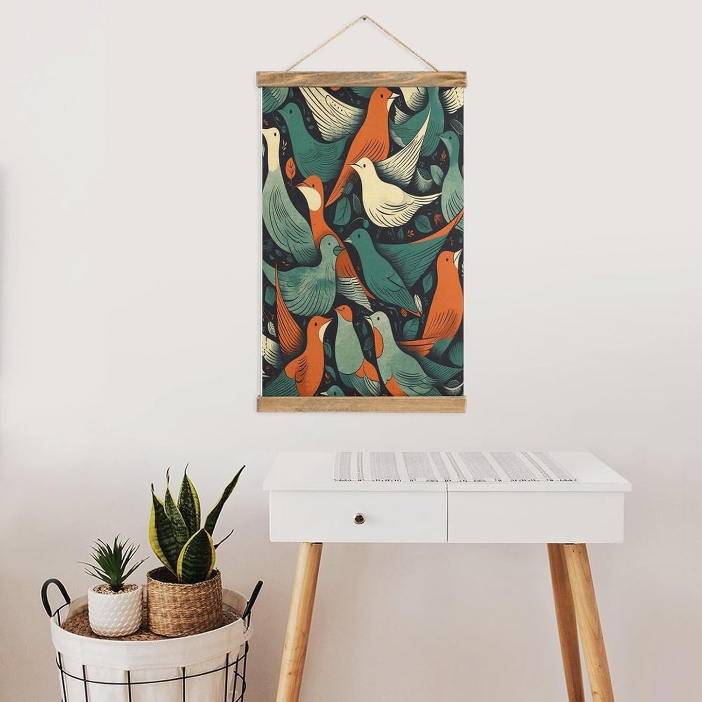 Vintage Flock of Birds Poster with Wooden Frame Personalized Linen Hanging Scroll Painting Rustic Wall Hanging Illustrative Modern Artwork Decor for Home Living Room Bedroom Office