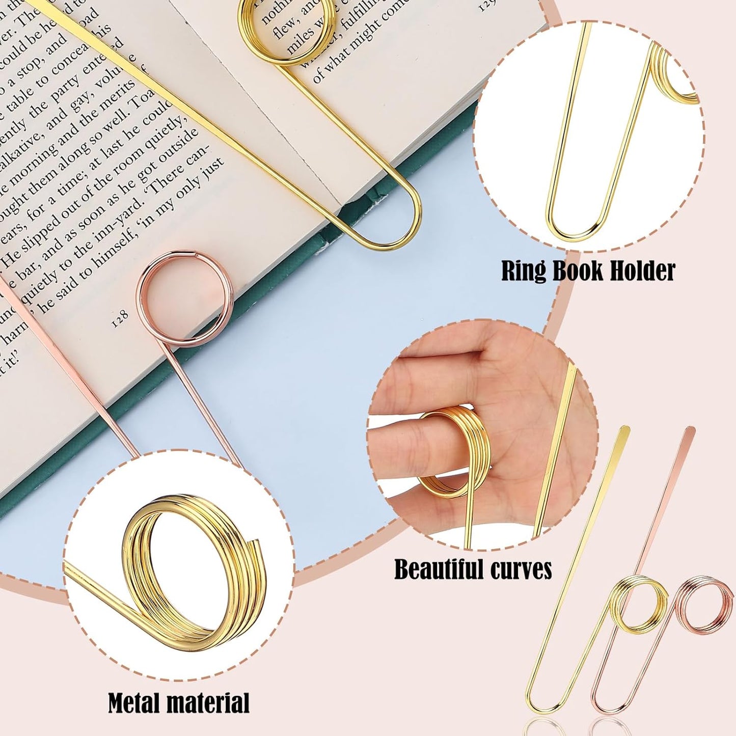 2 Pcs Book Holder Ring Bookmark Metal Copper Thumb Book Page Holder Finger Ring Opener for Lovers Reading Gifts, Women, Men, Light Weight Opener Tool Reading Accessories