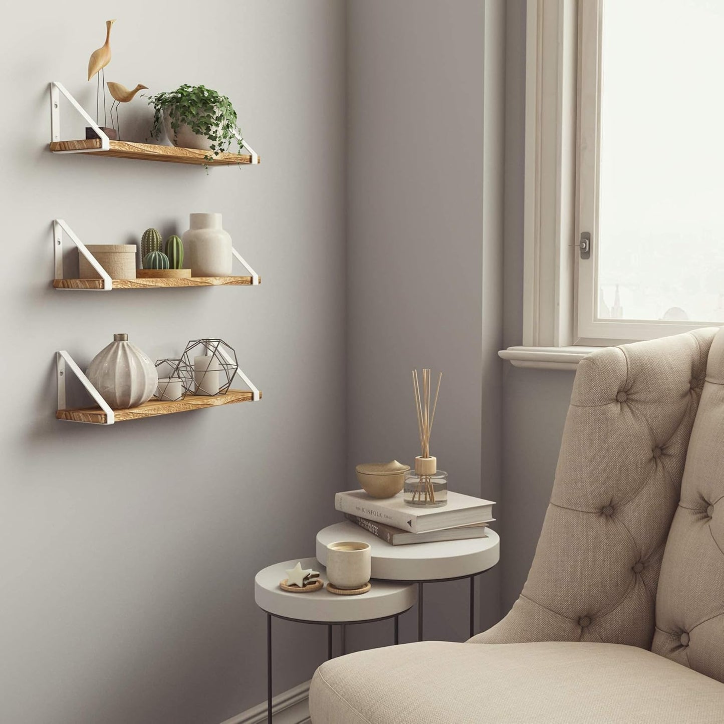 Wallniture Ponza Floating Shelves for Wall, Bathroom Shelf Wall Mounted, Set of 3, Burned Finish Wood Shelves with White Shelf Brackets