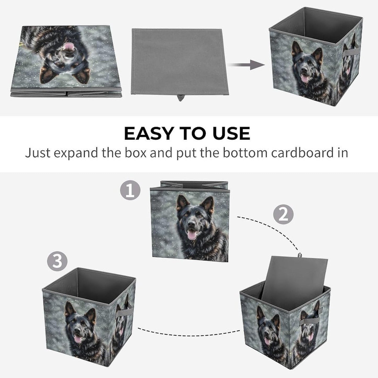 Black German Shepherd Dog Storage Bins with Handles Fashion Large Storage Cubes Sturdy Foldable Storage Boxes Space-Saving Storage Baskets for Home Office Clothes Closet Organizers