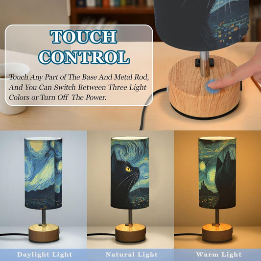 Dimmable Starry Night Art Black Cat Table Lamp with 2 USB C Charging Ports & AC Outlet, Touch Lamps for Nightstand Bedside Small Lamp Night Stand Side Light for Bedroom/Desk, 14 in