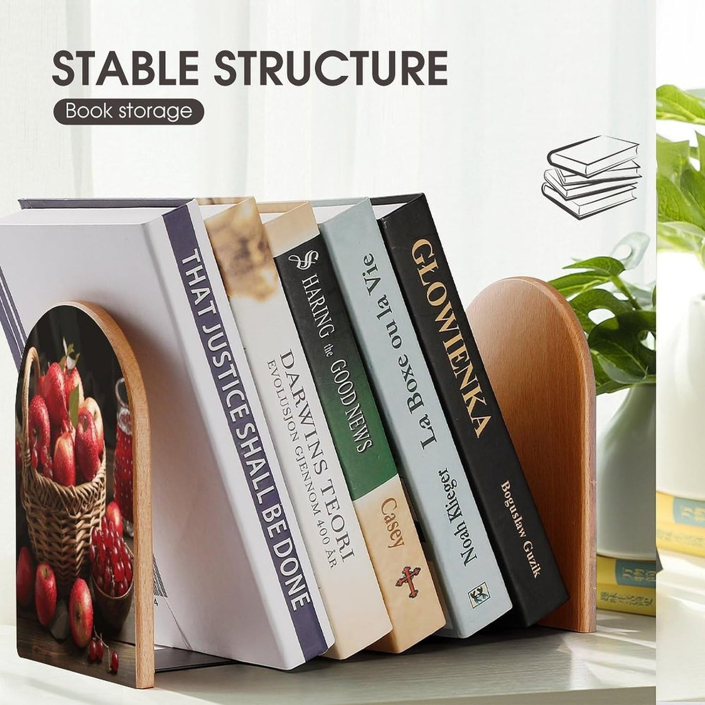 Red Fruit in A Basket Bookend for Shelves Wooden Book End Large Size Sturdy Book Holders Stoppers with Metal Base for Bookshelves Slick Decorative Bookends Stands