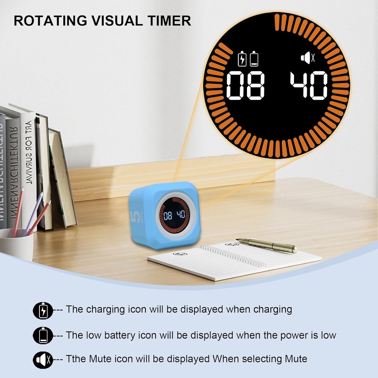 Rotating Cube Visual Pomodoro Timer 5, 25, 10 50 Minutes Preset + Custom Countdown, Rechargeable Desk Productivity Flip Timer with Detachable Silicone Cover for ADHD Study Work Kitchen School (White)