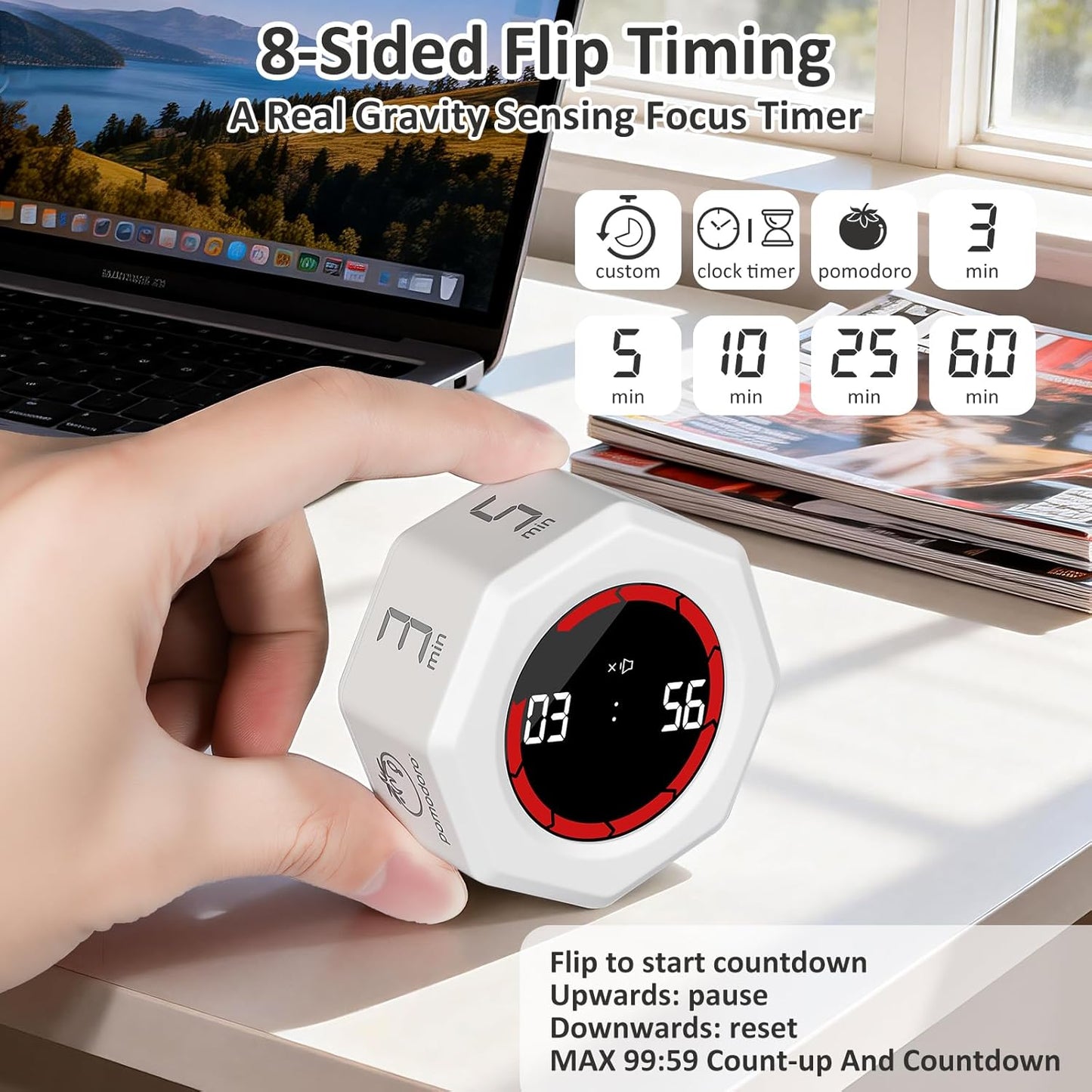 Rechargeable Pomodoro Timer, Magnetic Kitchen Timer for Cooking, 8-Angle Auto-Rotating Screen with Gravity Sensor, 3/5/10/25/30/60min & Custom Countdown for ADHD, Office, Study, Kitchen & Kids