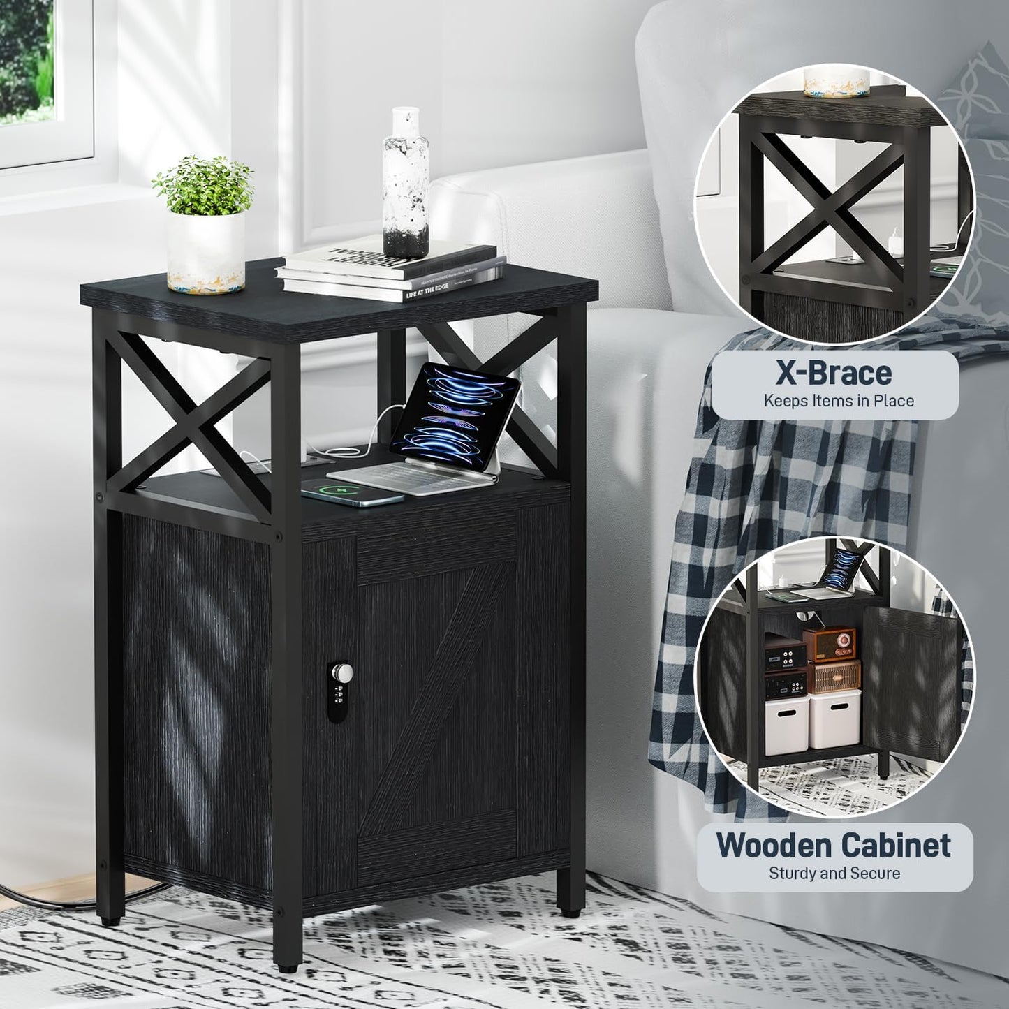 Wooden Nightstand with Charging Station, Bed Side Table with Drawers, Bedside Table with Lock, 3 USB & 2 Outlets, Night Stand with Cabinet Storage, End Table for Bedroom, Black