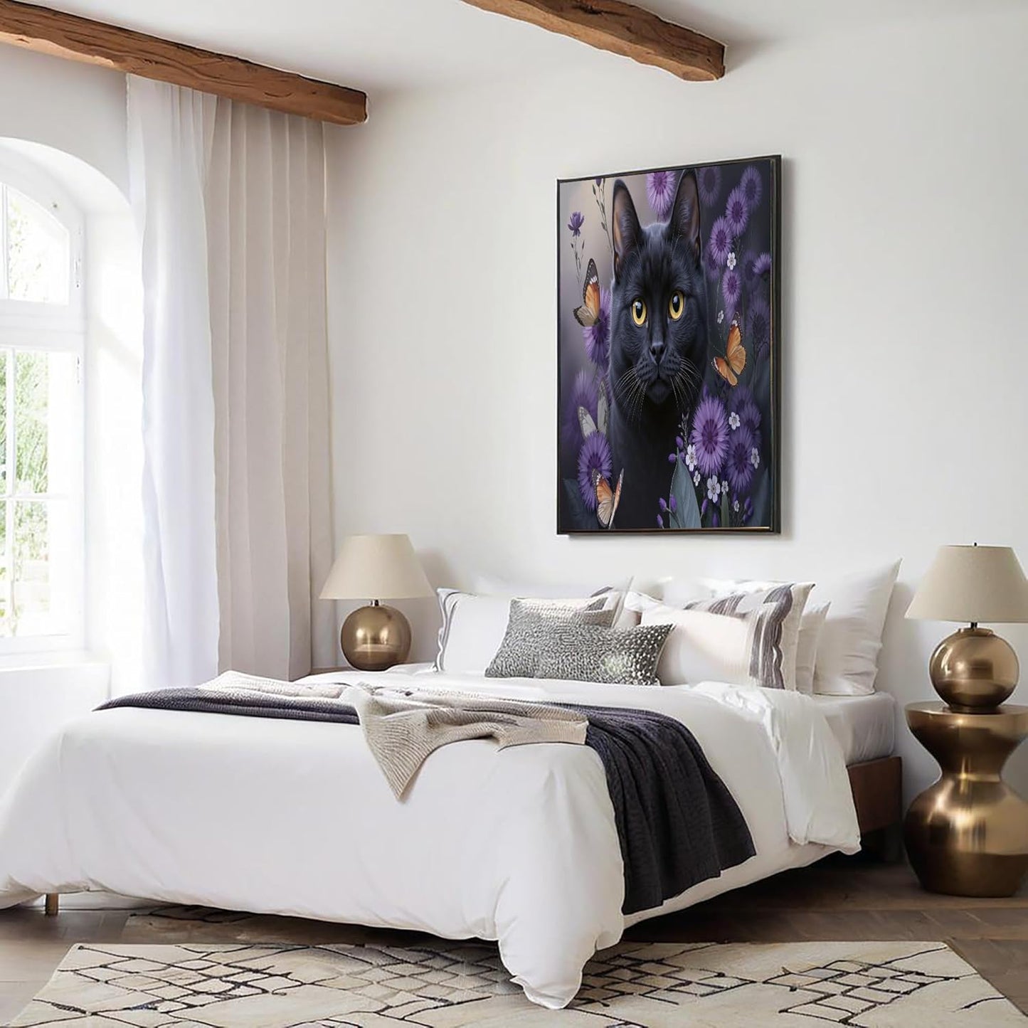 GDJSMIN Watercolor Style Wall Art, Animal Black Cat Purple Flowers Design Poster for Reading Room Living Room Decor 24 x 36 inch Unframed
