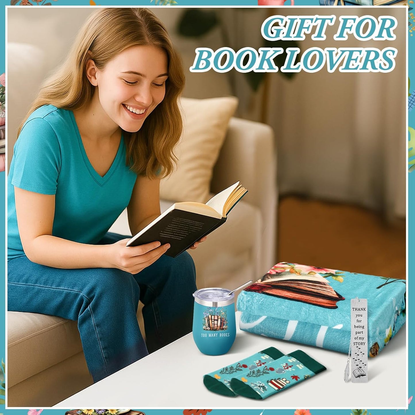 Sieral 4 Pcs Book Lovers Gifts for Women Book Gift Include 60" x 50'' Reading Blanket 12oz Insulated Tumbler Sock Bookmark for Valentine's Day Teacher Mother Bookish Library Club Librarian(Green)
