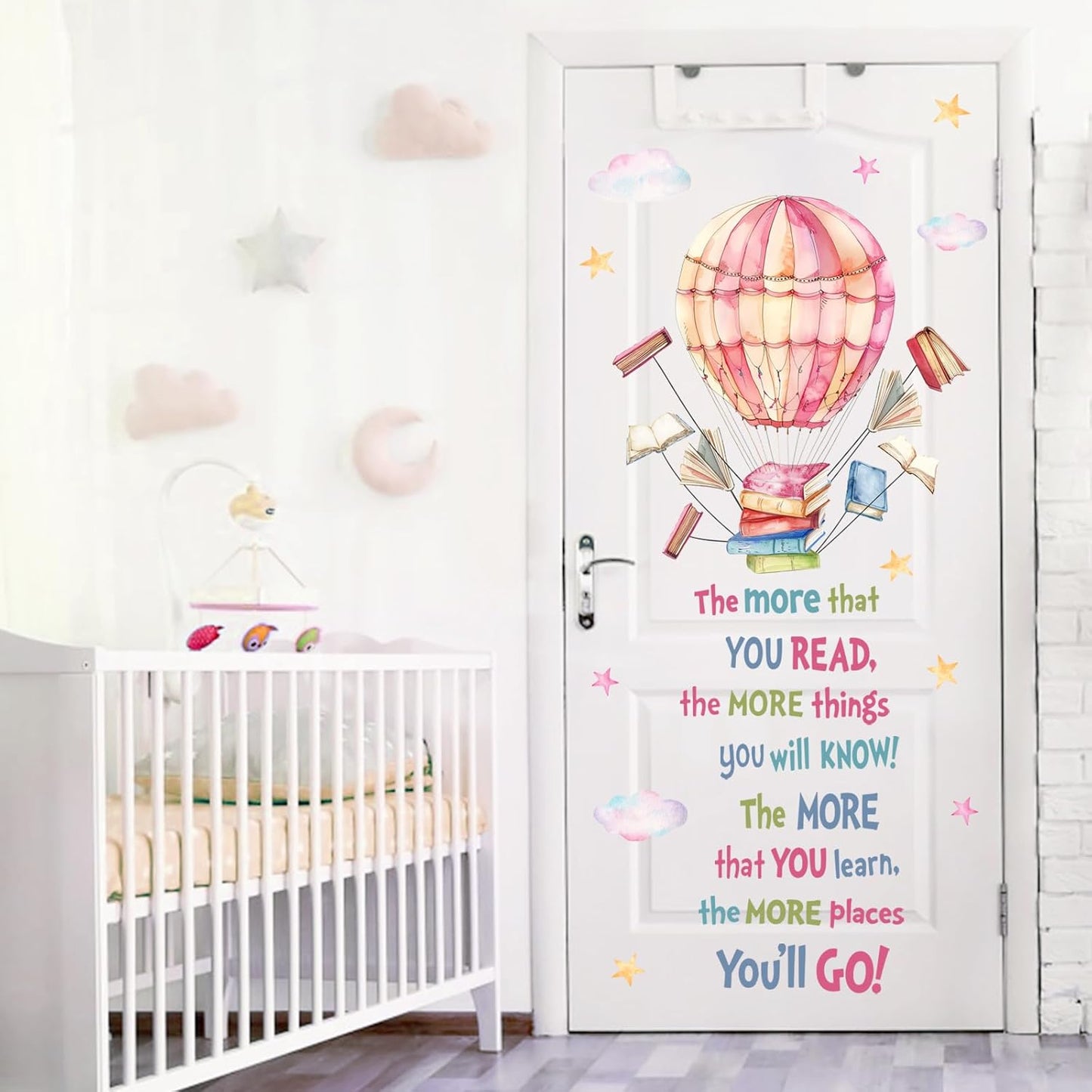Mfault Reading Book Nook Hot Air Balloon Wall Decals Stickers, Inspirational Quote Cloud Stars Nursery Reading Corner Decorations Kids Bedroom Art, Motivational School Classroom Playroom Home Decor