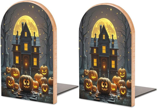 Halloween Night Bookends 1 Pair Heavy Duty Book Ends for Shelves Non-Skid Bookend Supports Wooden Book Holders with Metal Base Desk Organizers Books Storage to Hold Books