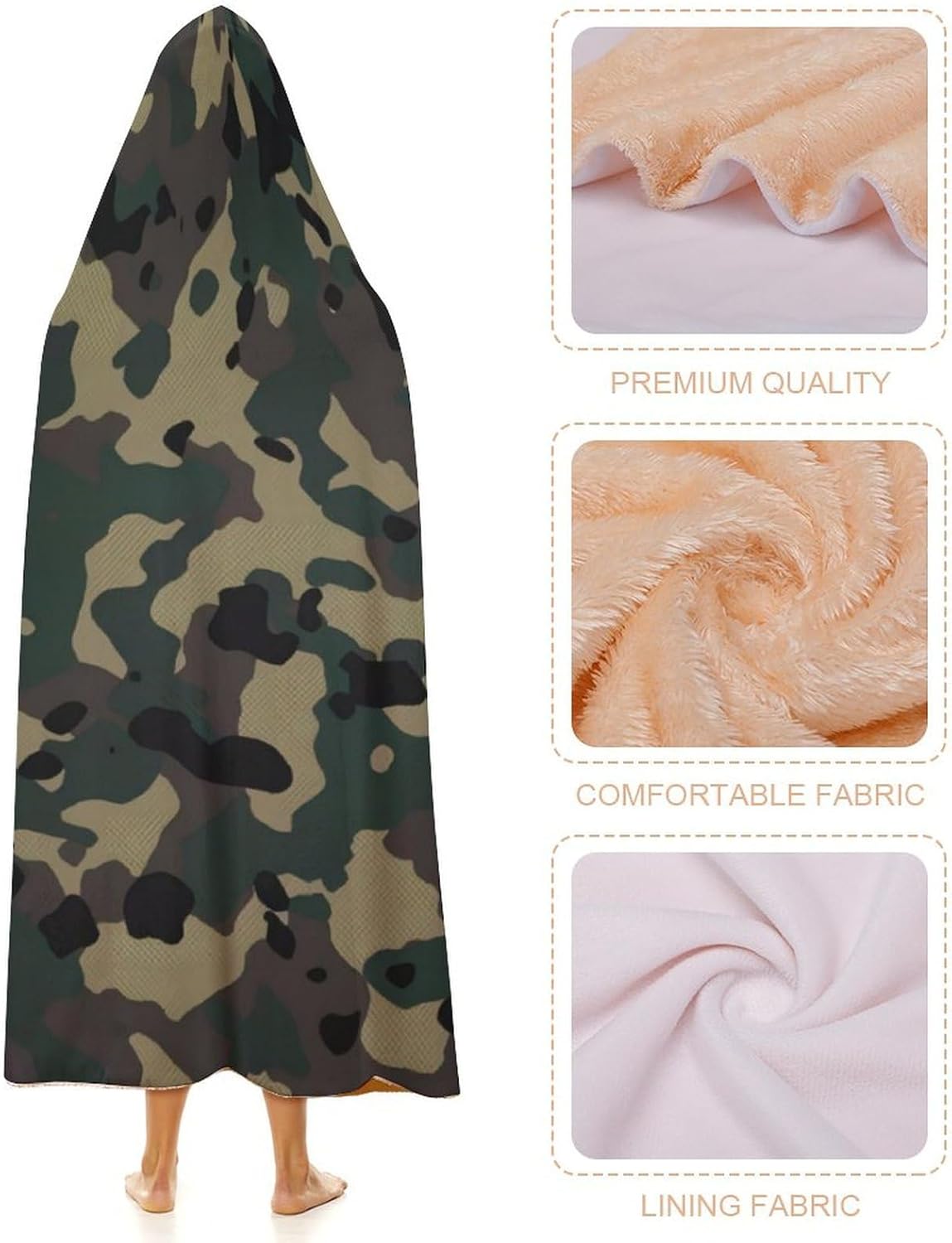 Camo Hooded Blanket, Camouflage Wearable Blanket for Camping Traveling Couch Bed, Forest Hunting Camo Throw Blanket