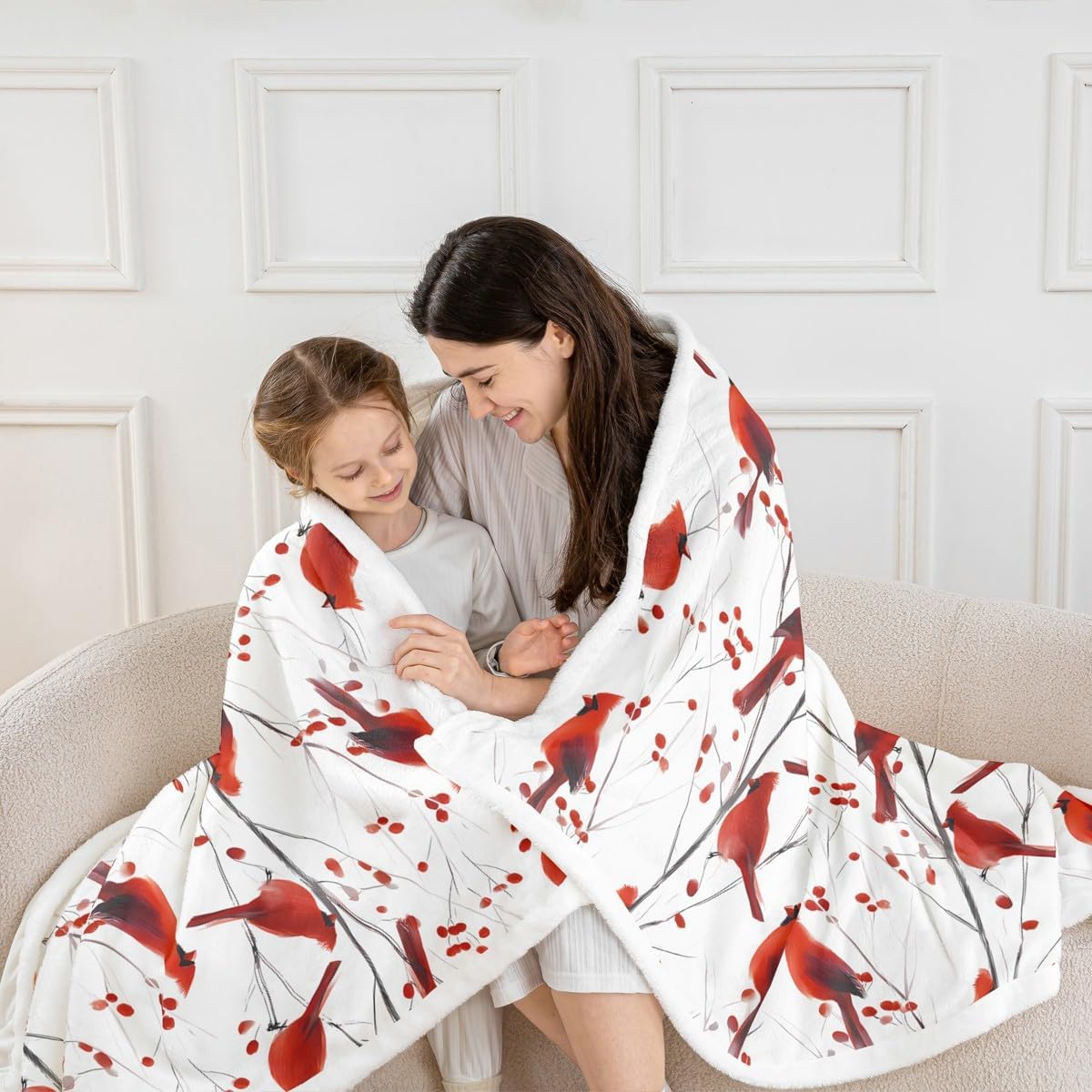 Feelyou Berries and Cardinals Pattern Printed Sherpa Throw Blanket for Couch Red Cardinal Super Soft Cozy Fleece Christmas Blanket for Winter,Plush Throw Bird Print Throw 50"x60" Animal All Season