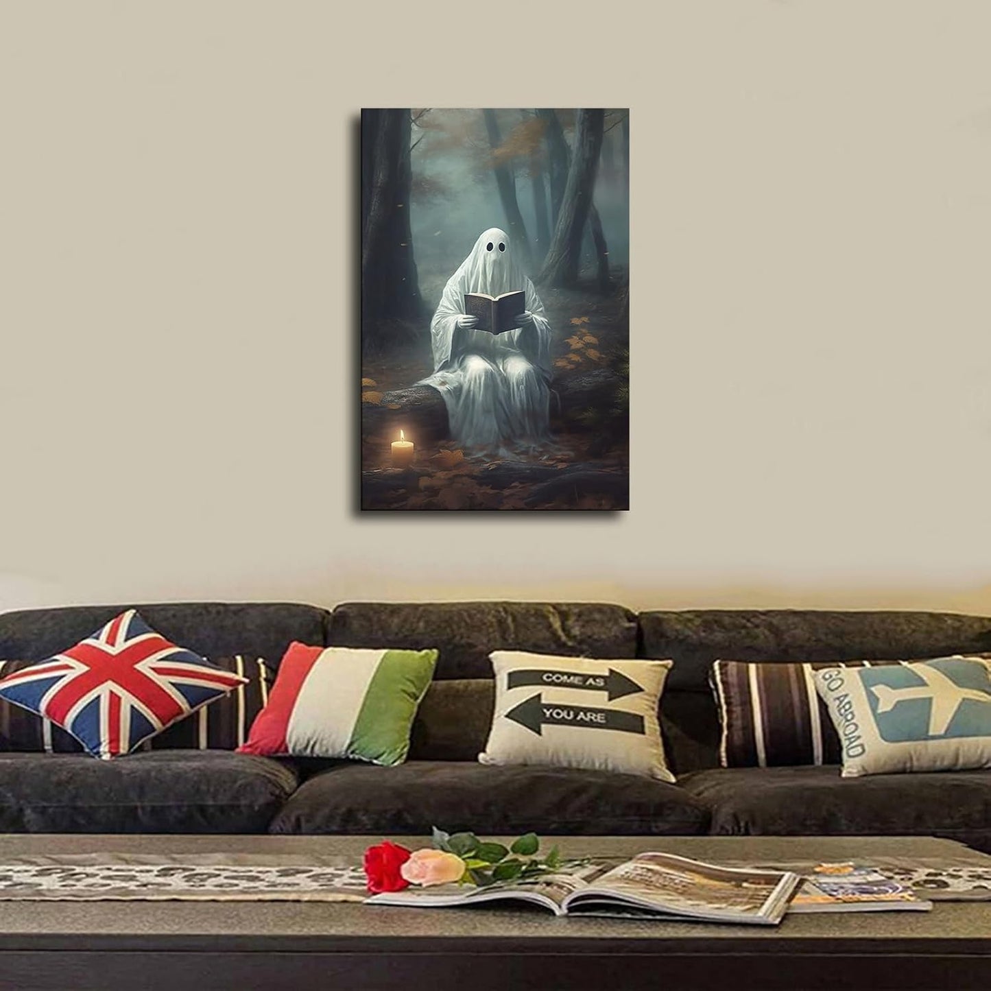 Halloween Ghost Reading Book Poster Decorative Painting Print Modern Home Bedroom Living Room Decoration Canvas Wall Art Aesthetic (08×12inch_Unframed)