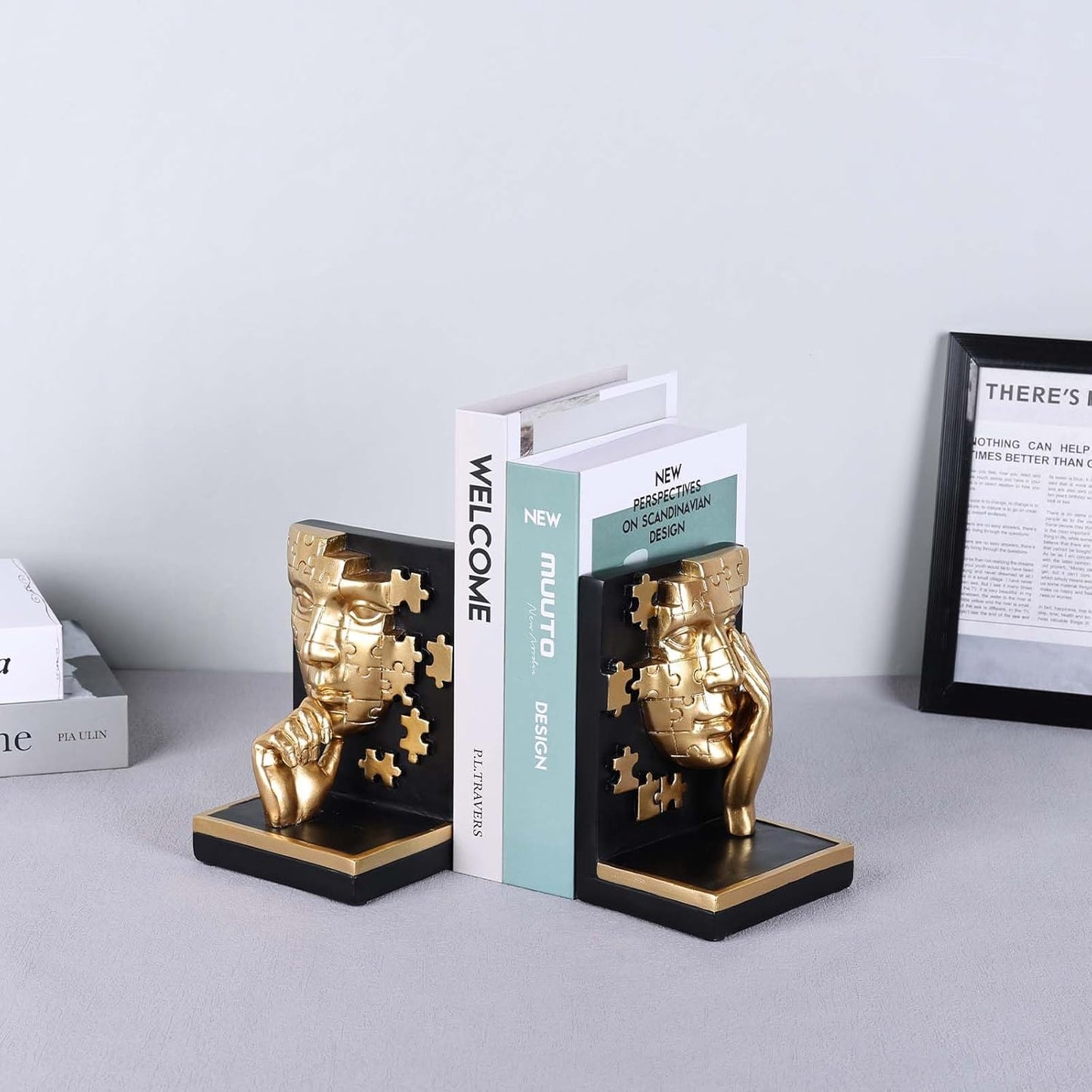 Abstract Decorative Bookends, Thinking Man Statue for Shelves, Heavy Bookends for Large Books, Handcrafted Resin Art for Home and Office Decor, Aesthetic Desk Organizer for Bookshelves (Black Gold)