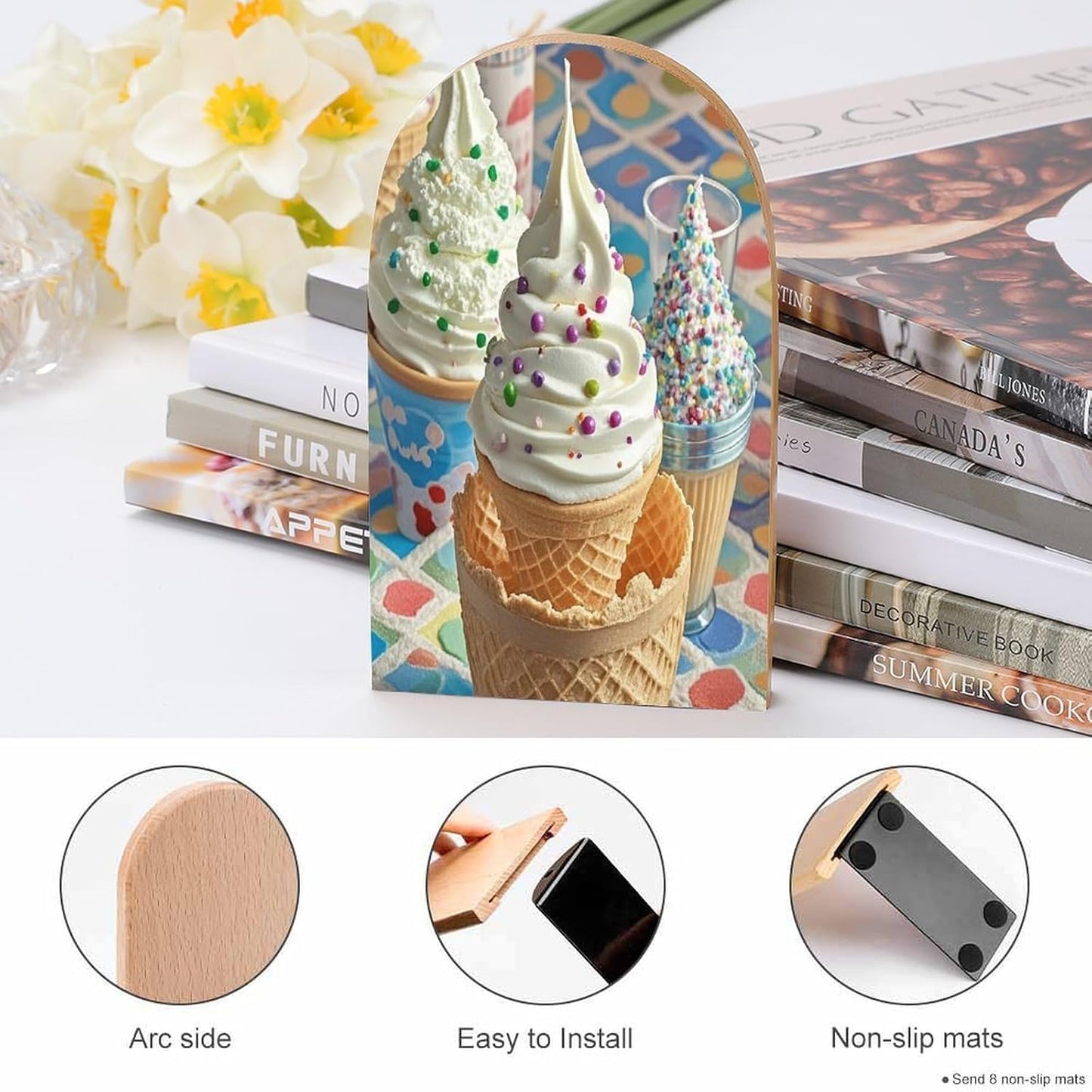 Sweet Ice Cream Bookends 1 Pair Heavy Duty Book Ends for Shelves Non-Skid Bookend Supports Wooden Book Holders with Metal Base Desk Organizers Books Storage to Hold Books