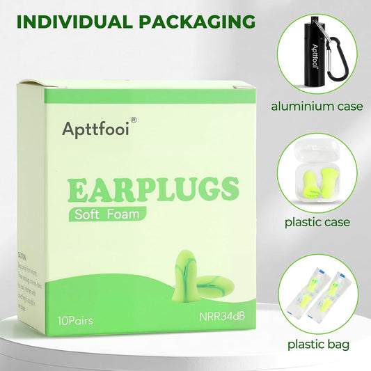 10 Pair Soft Foam Earplugs,34dB Highest NRR, Noise Cancelling，Individually Wrapped,Reusable for Sleeping, Snoring, Loud Noise, Traveling, Concerts, Studying,Work,Construction, Shooting