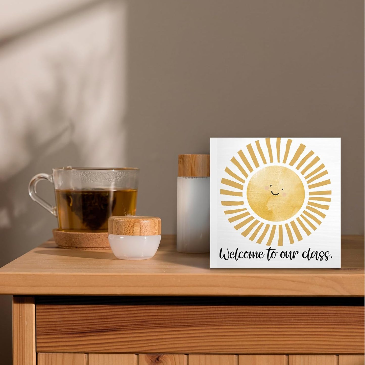 Boho Classroom Sunshine Wood Box Sign Desk Decor 8X8, Pop Smiles Rustic Welcome To Our Calss Wooden Sign Decorations for School Classroom Library Reading Nook Corner Wall Tabletop Shelf Decor