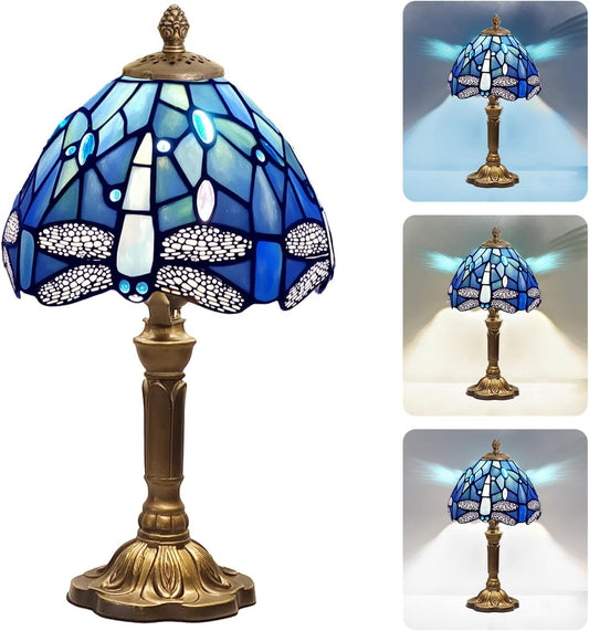 Stained Glass Table Lamp,Tiffany Style Table Lamp-8inch,Decor Vintage Handcrafted Design for Living Room Bedroom, Unique Gift for Home Decor Lovers (Blue)