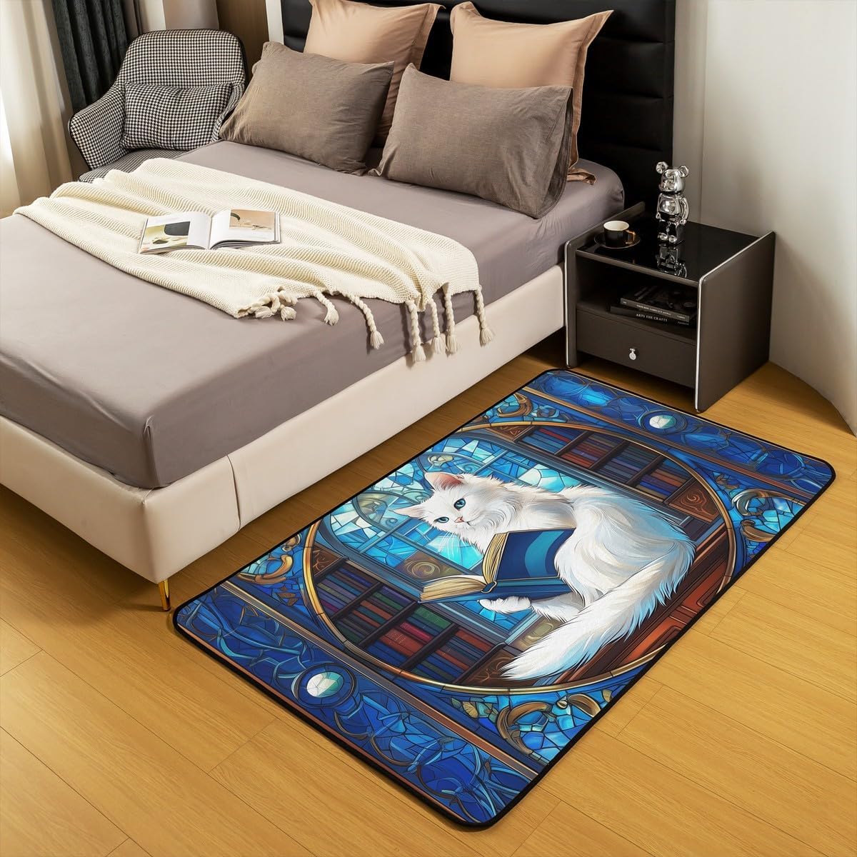 Noble Ragdoll Cat Kids Area Rug,Cat Reading Book Bookshelf Indoor Floor Mat Entrance Rug for Boys Girls,Geometric Patchwork Abstract Non Slip Rug,Blue Cute Couch Living Room Decor,3'x5'
