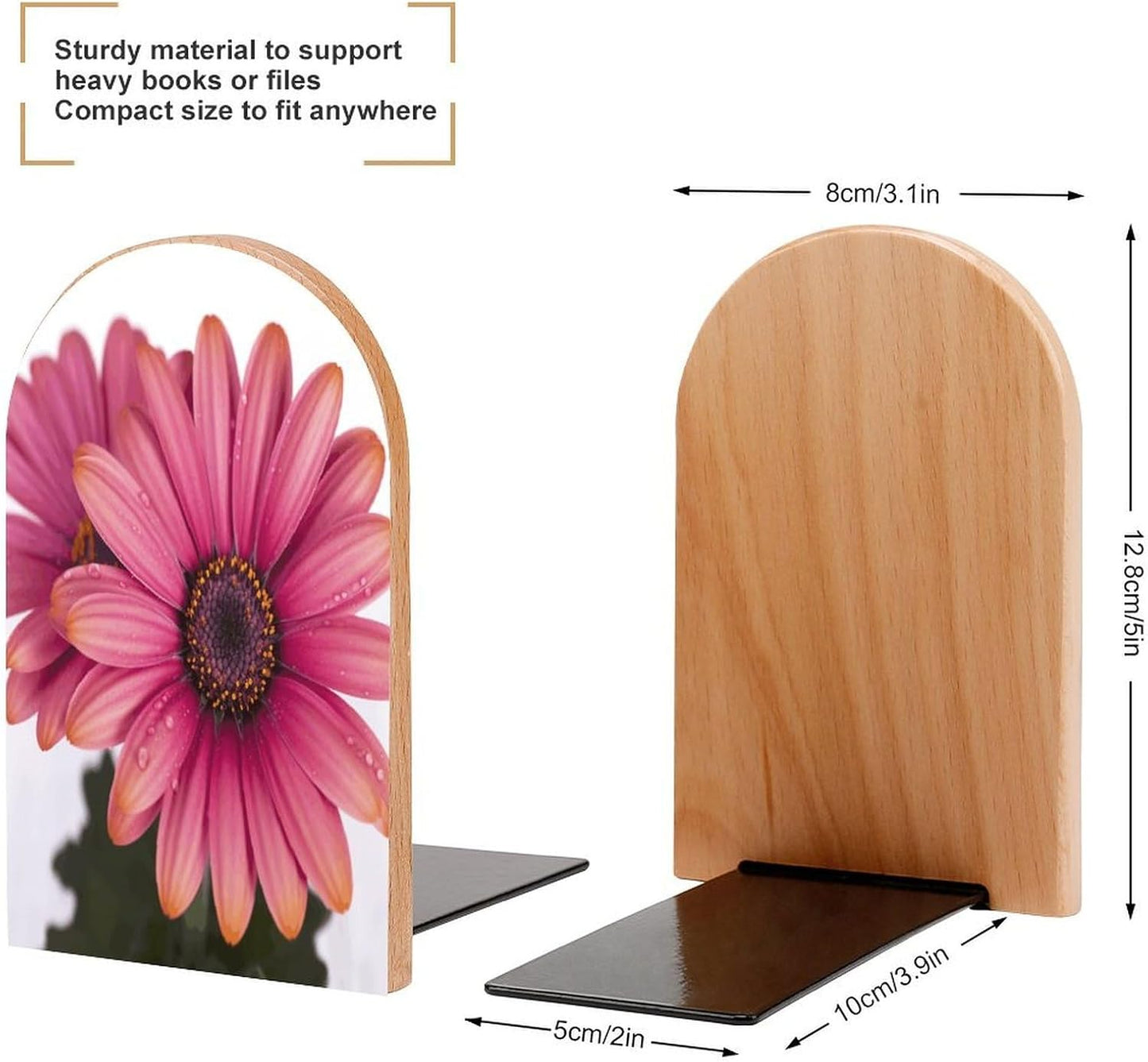 Pink Daisy Flower Bookends 1 Pair Heavy Duty Book Ends for Shelves Non-Skid Bookend Supports Wooden Book Holders with Metal Base Desk Organizers Books Storage to Hold Books