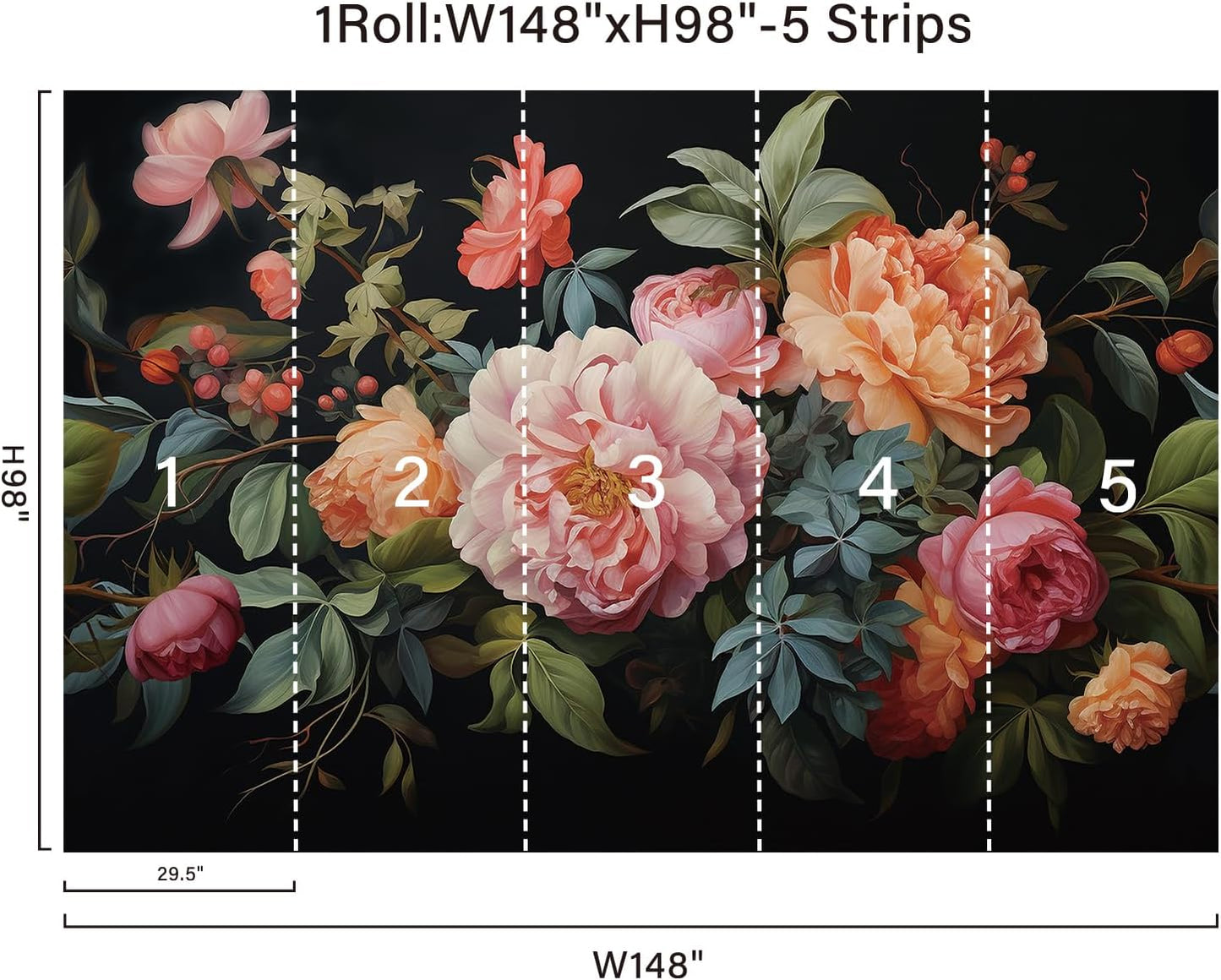Zeeko Large Floral Peel and Stick Wall Murals 148" W x 98" H Vintage 3D Dark Peony Flowers Wallpaper Self Adhesive Nature Botanical Leaf Wall Stickers for Bedroom TV Background Living Room Decor