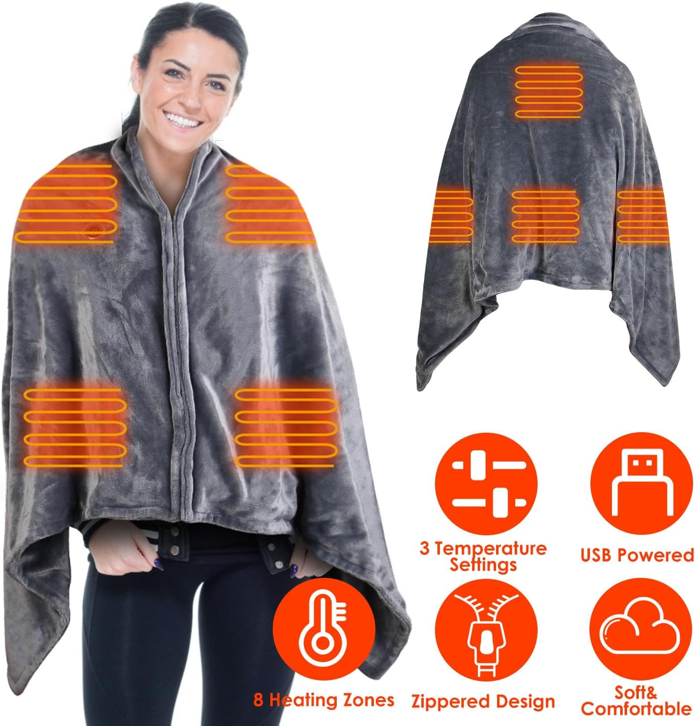 iMounTEK Electric Heated Blanket -59x31 inches USB Heated Blanket Poncho Shawl Wrap Throw with Zipper Poncho Shawl Wrap Throw for Home Office Sofa/Grey