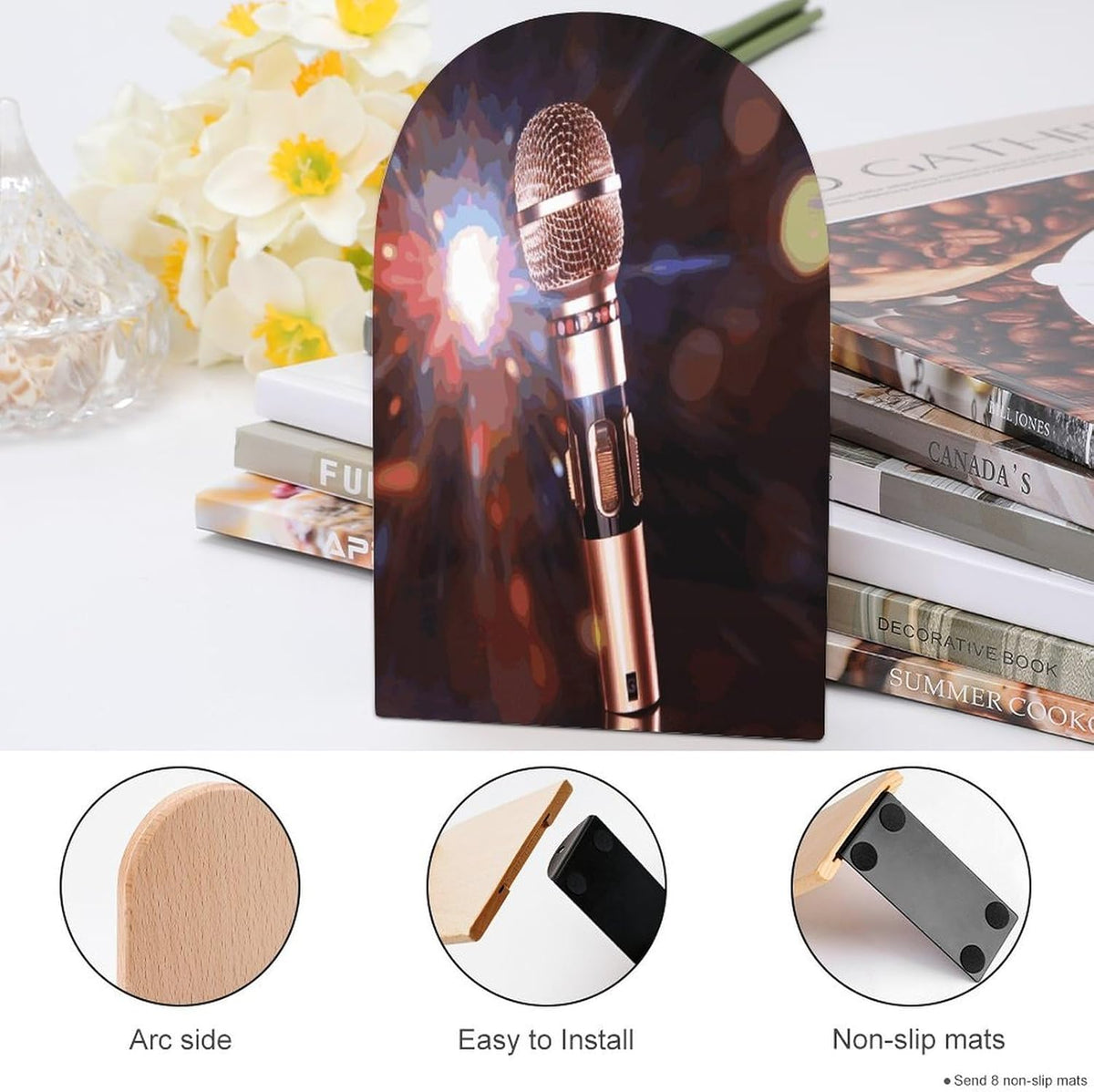 Non-Slip Bookend for Shelves Karaoke Microphone Wooden Bookends with Metal Base Decorative Book Stopper for Home Heavy Duty Wood Book Storage for Books/CDs
