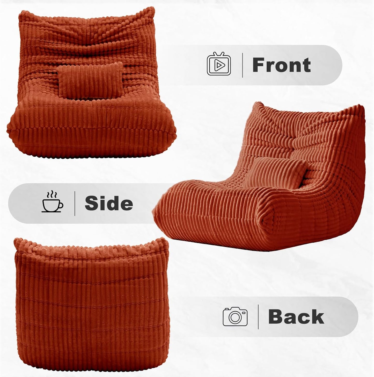 Bean Bag Chair with Lumbar Pillow, Gaint Bean Bag Chairs for Adults, Oversized Corduroy Beanbag Chair with Memory Foam Filled, Lazy Floor Sofa for Reading Gaming Living Room Bedroom (Orange)