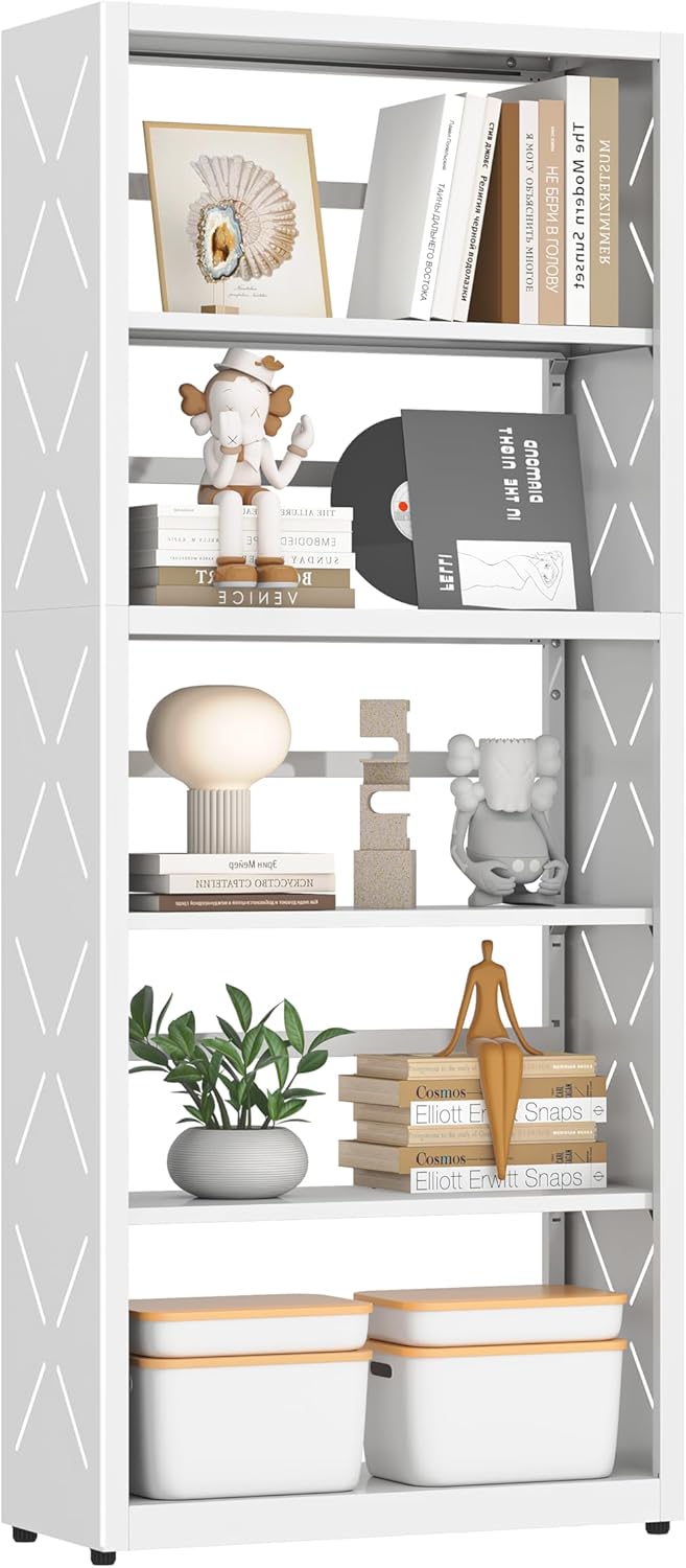 Bookshelf, 5 Tier Metal Bookcase with Adjustable Shelves, Tall White Book Shelf with Bookends, White Display Shelves for Living Room, Home Office, Library