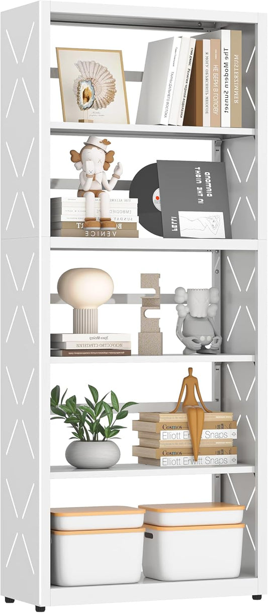 Bookshelf, 5 Tier Metal Bookcase with Adjustable Shelves, Tall White Book Shelf with Bookends, White Display Shelves for Living Room, Home Office, Library