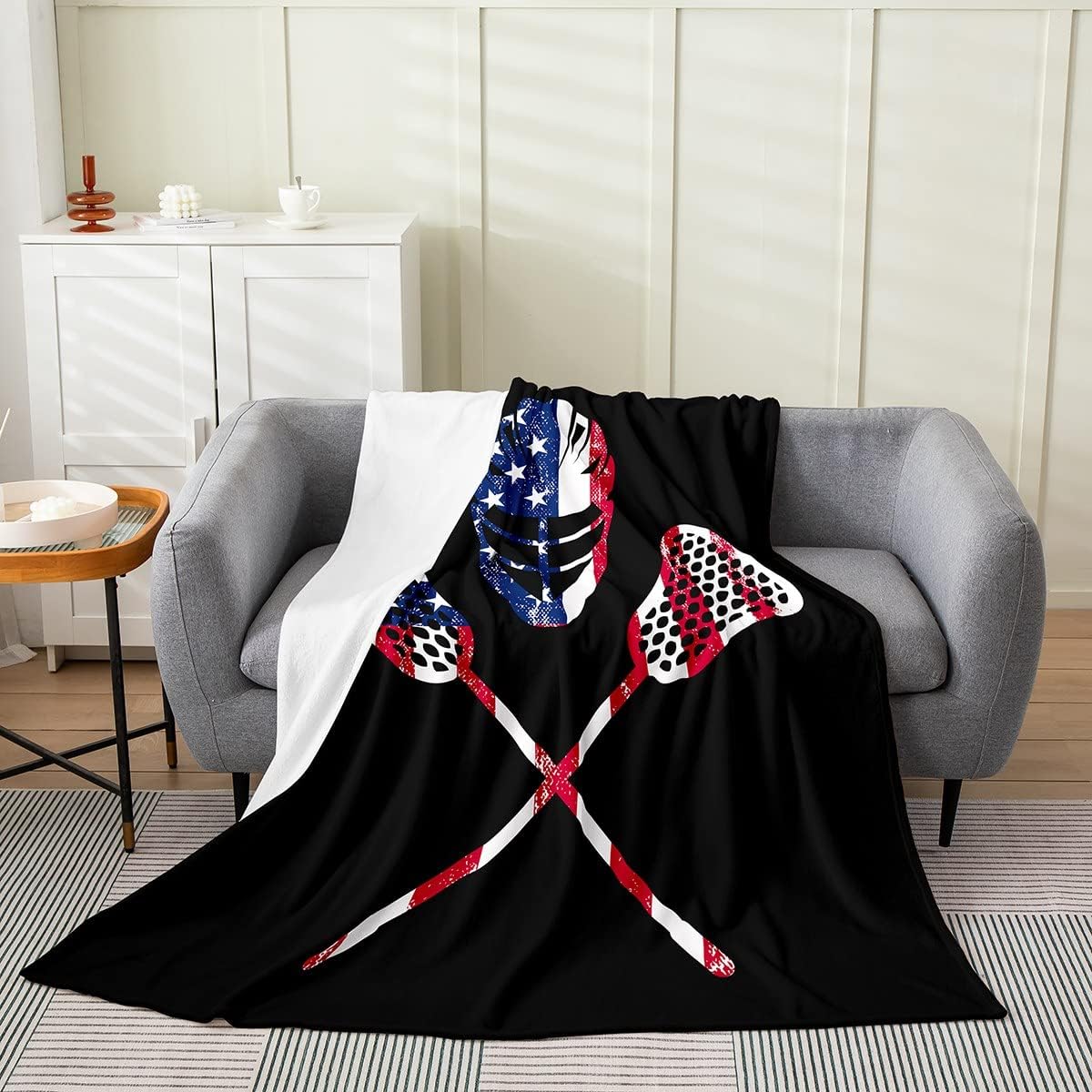 Lacrosse Throw Blanket for Girls Boys Kids Grunge Lacrosse Player Fleece Blanket Throw 50x60,Sports Theme Fuzzy Blanket,Gift for Lacrosse Lover,American Flag Flannel Blanket Living Room Decor