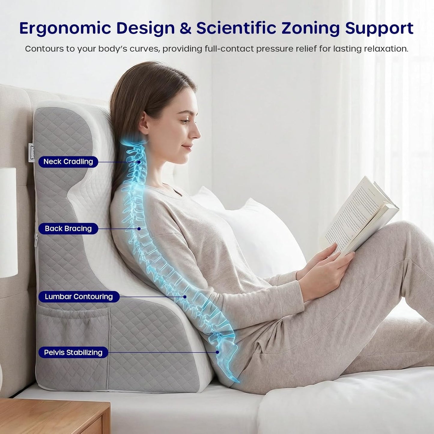 Wedge Pillow for Sleeping - Orthopedic Bed Wedge Pillow for Post-Surgery Recovery, Acid Reflux & Snoring Relief - Memory Foam Back Support Pillow for Sitting Up in Bed, Headboard Cushion - White