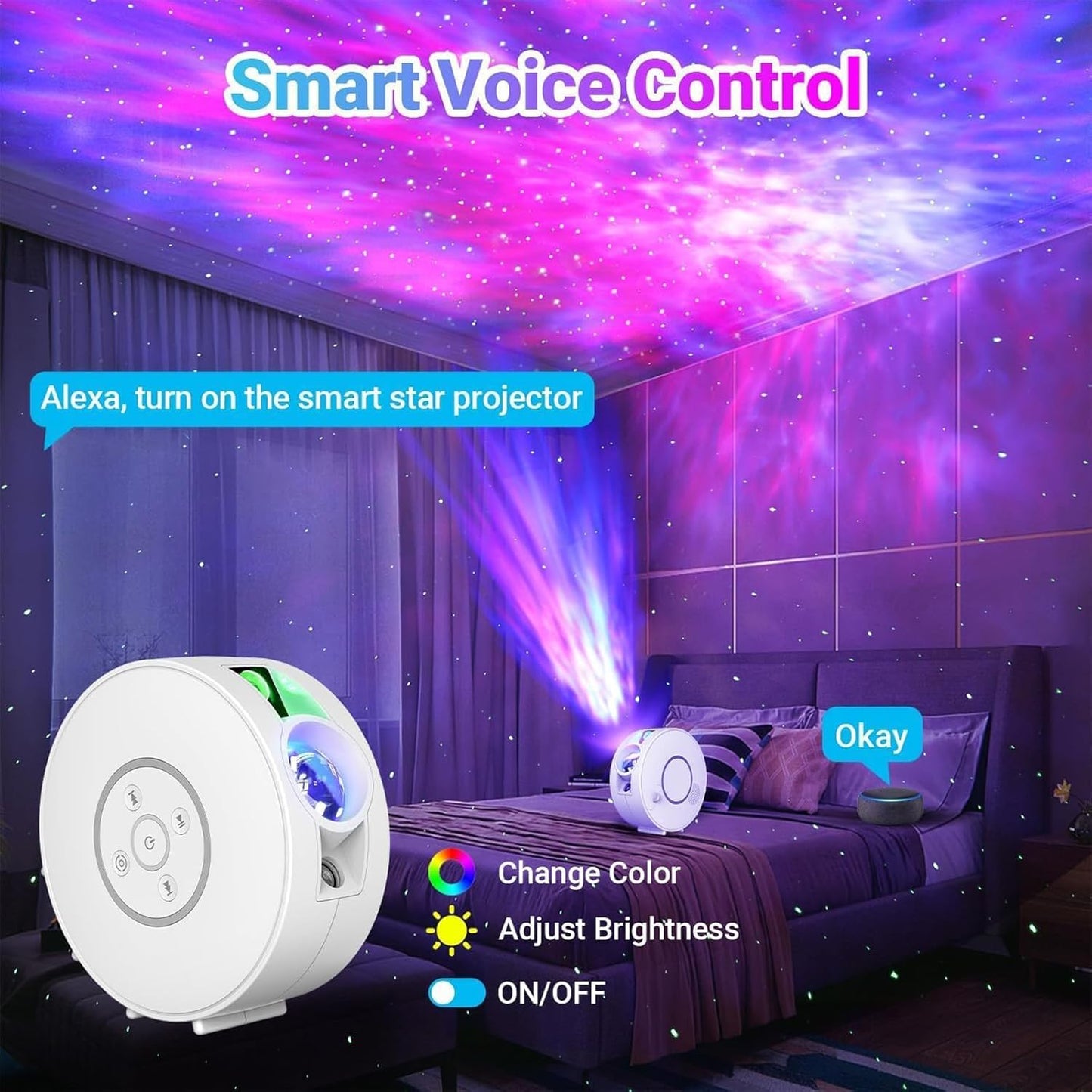 Smart Galaxy Star Projector Night Light - APP Voice Control, Bluetooth Speaker, Rotatable Nebula Lamp with 6 HD Slides, 37 White Noises & Timer, Star Sky Ceiling Light for Bedroom Kids Room Decor