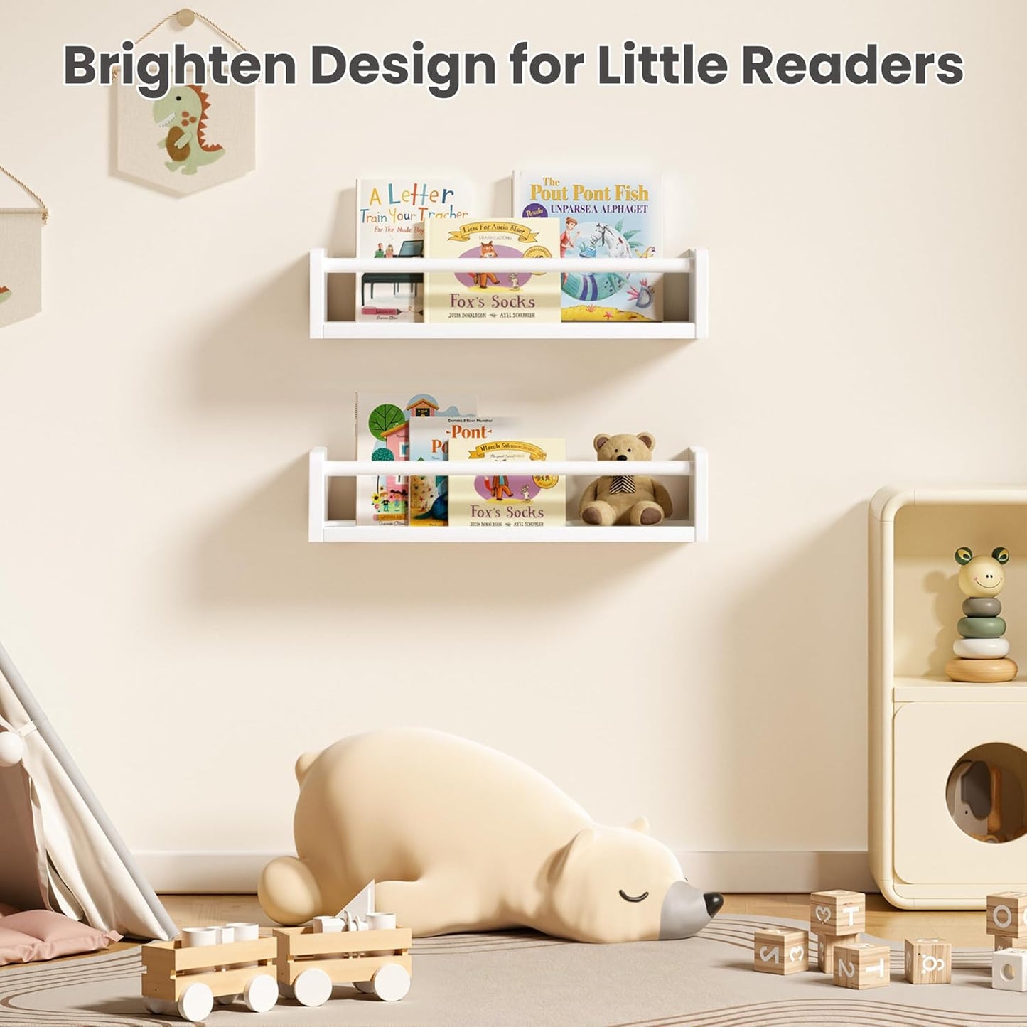 upsimples 2 Pack Nursery Book Shelves, 15.7 Inch Floating Bookshelves for Wall, Baby Nursery Decor, Small Solid Wood Wall Mounted Shelves for Baby Kids Boys Girls, White