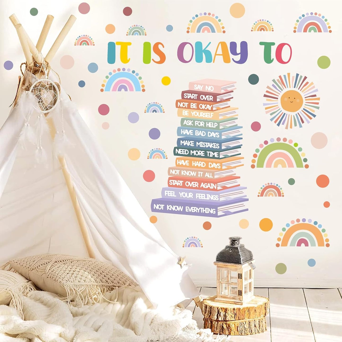 Kids Inspirational Wall Decals Motivational Quotes Wall Stickers Peel and Stick Reading Wall Decals Watercolor Polka Dots Rainbow Sun Wall Stickers for Nursery Classroom Playroom Reading Room Decor