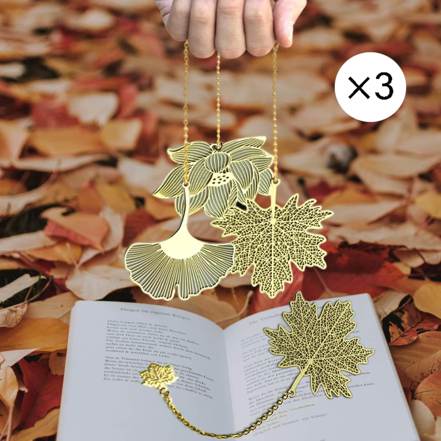 4 Pieces Bookmarks，Handmade Thumb Wooden Walnut Book Page Holder with Golden Ring，Bat Wing Design，3 Pieces Metal Bookmarks with Chain，Golden Hollow Design, Book Reading Accessories (Medium)