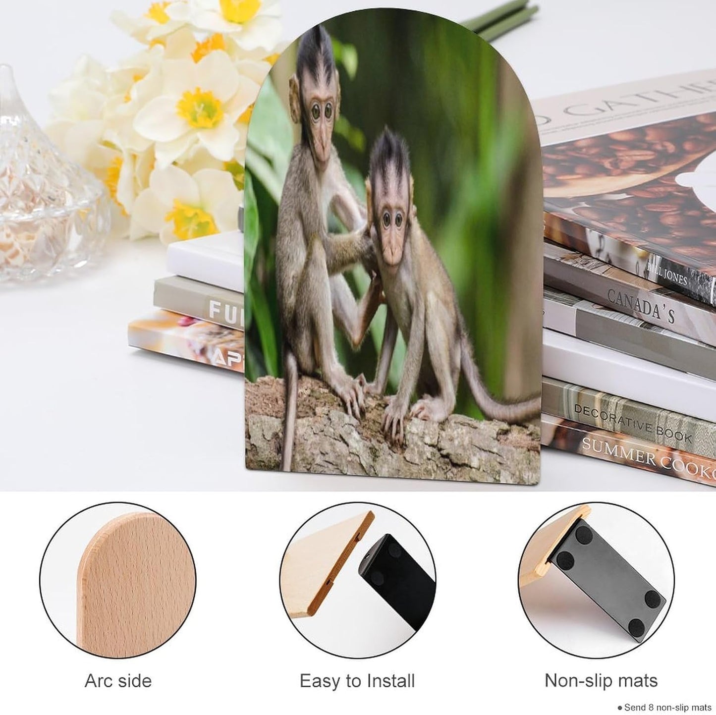 Cute Little Monkeys Wooden Bookend Non-Slip Book Ends Heavy Duty Book Stopper with Metal Base Books Holderd Decorative Bookends Stands Firmly for Office Supplies