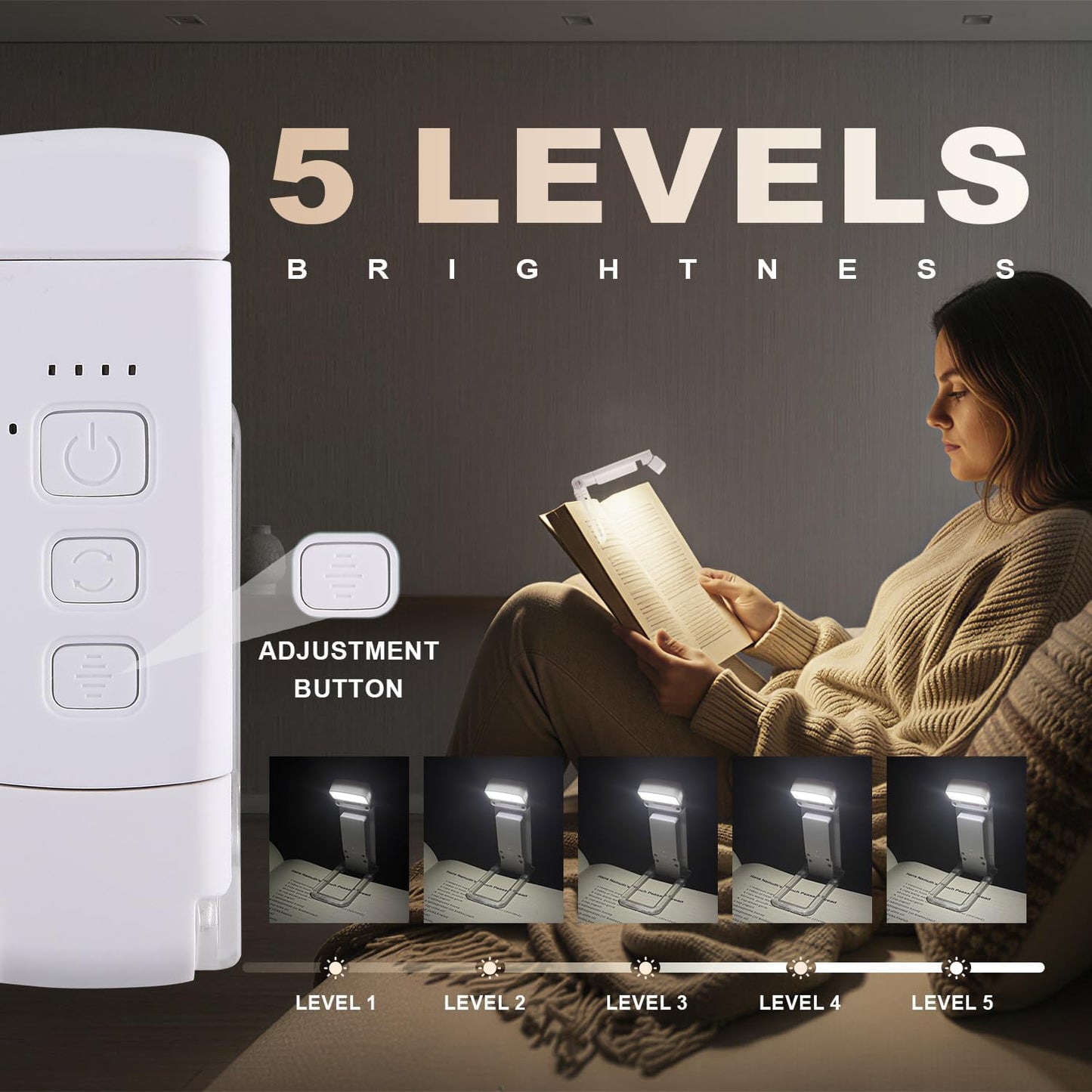 Book Light for Reading in Bed, USB Rechargeable Clip-On Bookmark Light, 3 Color Modes & 5 Brightness Levels, Eye-Caring Reading Light for Kids & Book Lovers,White