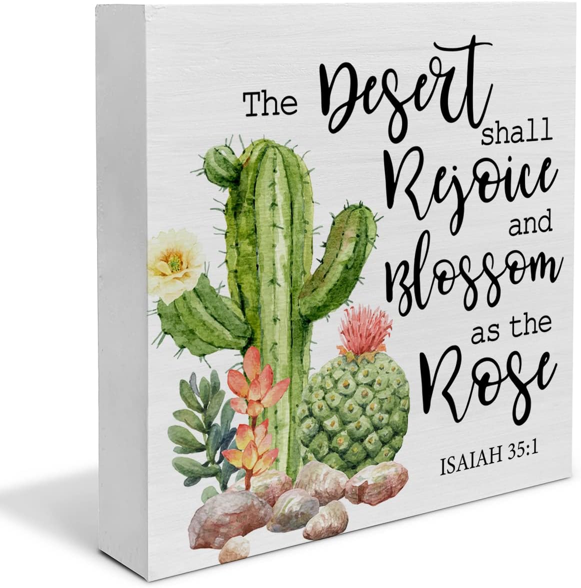 Country Isaiah 35:1 Bible Verse Wood Box Sign Decor Desk Sign Cactus and Succulent Wooden Box Block Sign Summer Rustic Home Shelf Wall Decoration