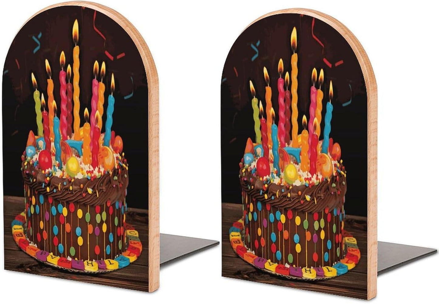 Happy Birthday Big Cake Bookends 1 Pair Heavy Duty Book Ends for Shelves Non-Skid Bookend Supports Wooden Book Holders with Metal Base Desk Organizers Books Storage to Hold Books