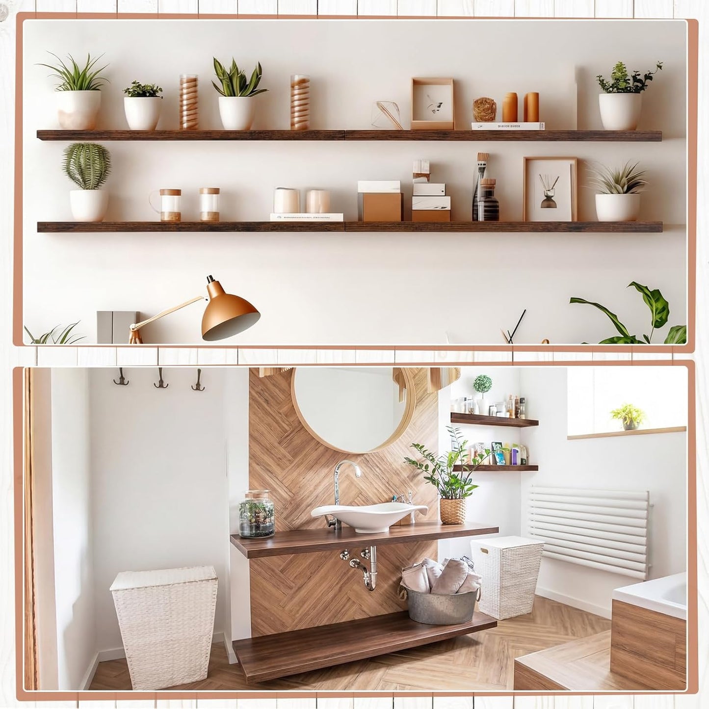 Sliner 8 Pcs 16'' Floating Shelves for Wall with Invisible Brackets, Rustic Wood Deep Wall Mounted Shelves for Home Decor, Storage & Display, Bookshelf for Bedroom, Bathroom, Living Room, Kitchen