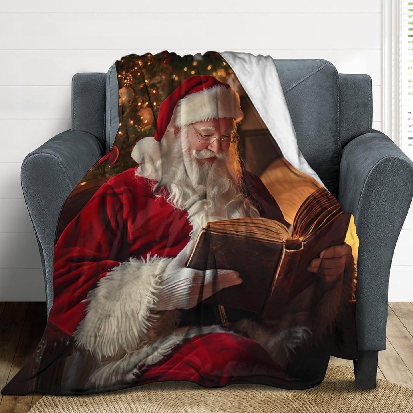 Santa Reading Book Printed Throw Blanket Cozy Flannel Blankets Lightweight for Couch Sofa Bed Decor Santa Reading Book