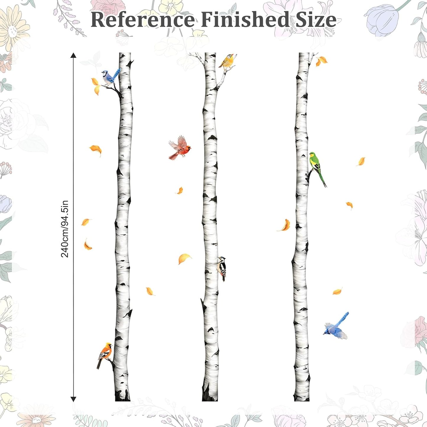 Tall Birch Tree Wall Decals – White Realistic Aspen Trunk Stickers for Aisle Bedroom Office Sofa TV Backdrop, Removable Peel and Stick Decal, Easy DIY Home Décor (3 Trees, H94.5)
