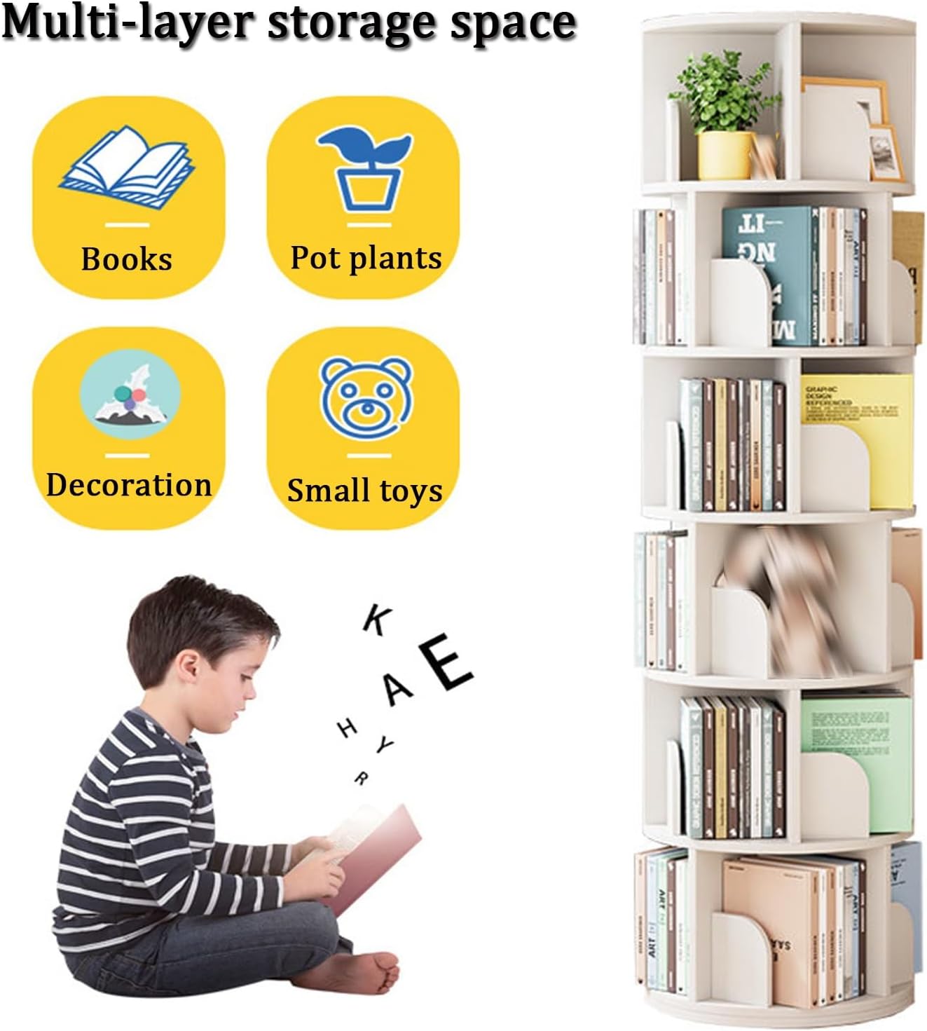 YVYKFZD 360° Rotating Bookshelf, 4/5 Tier Bookcase, Circular Display Storage Rack, Floor Standing Book Shelf with Baffle, for Home Living Room Study Office(Wood,4 Tier 49.6x18.1x18.1in)