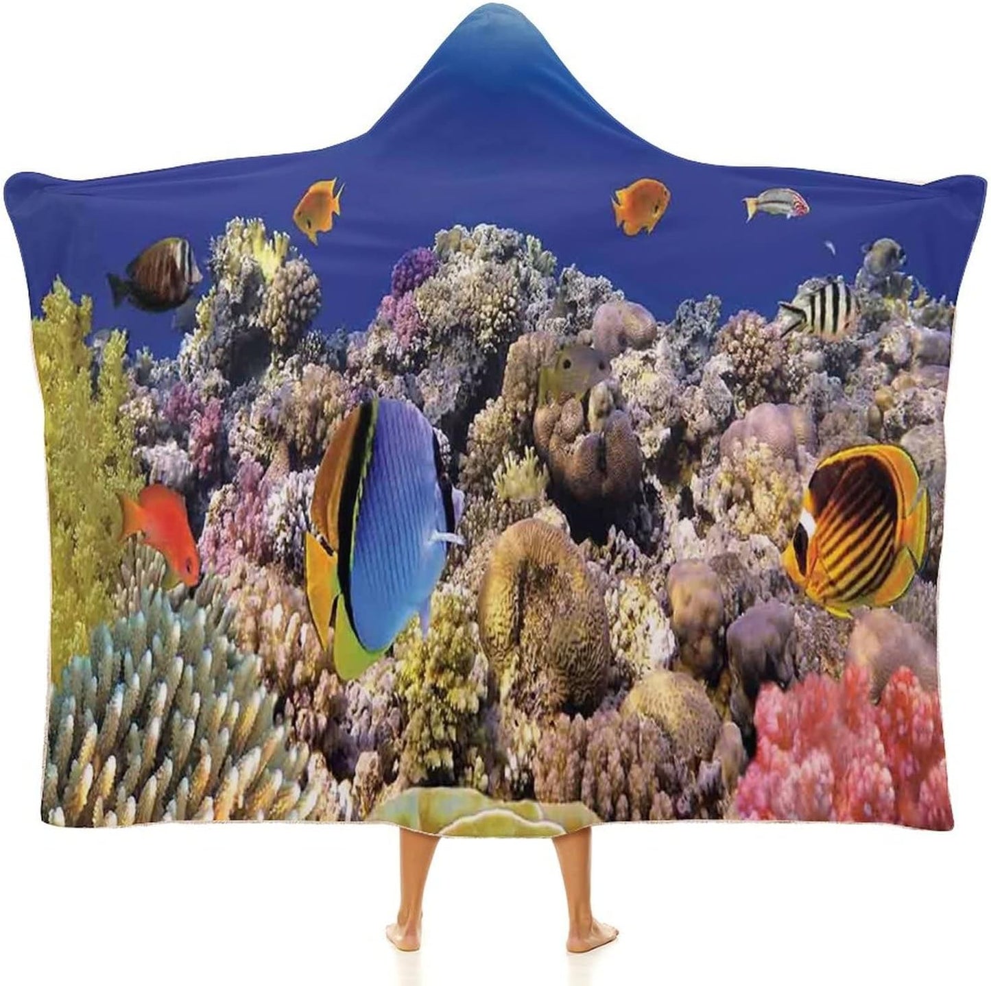 Throw Blankets, Ocean Wearable Hooded Blanket for Adults, Wild Sea Life Colorful Ancient Coral Reefs Exotic, Soft Warm Cozy, 40 x 50inches, Studying Reading Snuggling Napping Office