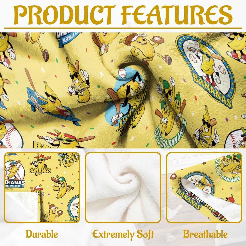 WADORN Banana Baseball Throw Blanket, Cozy Soft Funny Banana Throw Blanket Fuzzy 500GSM Flannel Fleece Blankets Plush Cute Bananas Lover Gifts for Office Living Room Sofa Bed Couch Chairs, 59x51”
