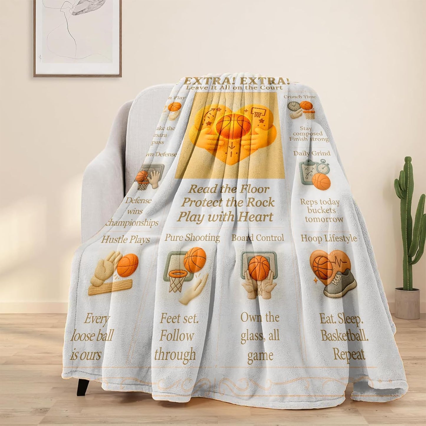 Basketball Blanket for Boys Bedroom Decor, 60x50 Soft Flannel Fleece Throw, Vintage Newspaper Style Sports Blanket, Cozy Gift for Kids & Teens