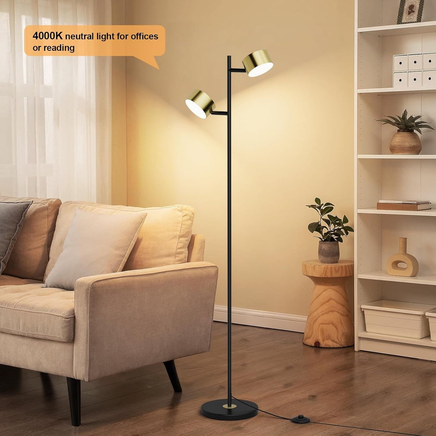LED Floor Lamp with 3 Color Temperatures, Flexible Heads & Foot Switch, Adjustable Standing Reading Lamp for Office, Bedroom & Living Room
