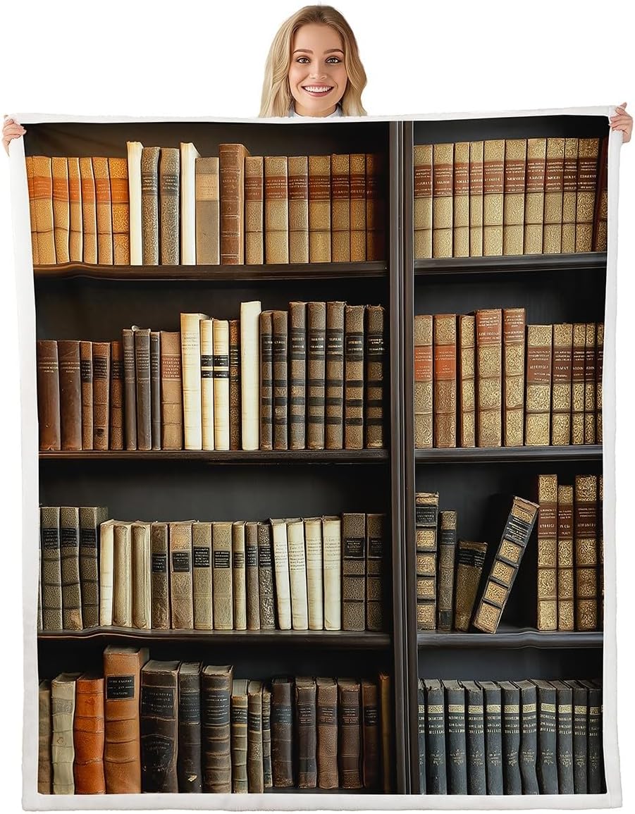 Erosebridal Vintage Bookshelves Sherpa Blanket Mystery Library Blanket, Book Lovers Gifts Throw Blanket for Chair Retro Library Fleece Blanket, Preppy Stuff Students Plush Blanket