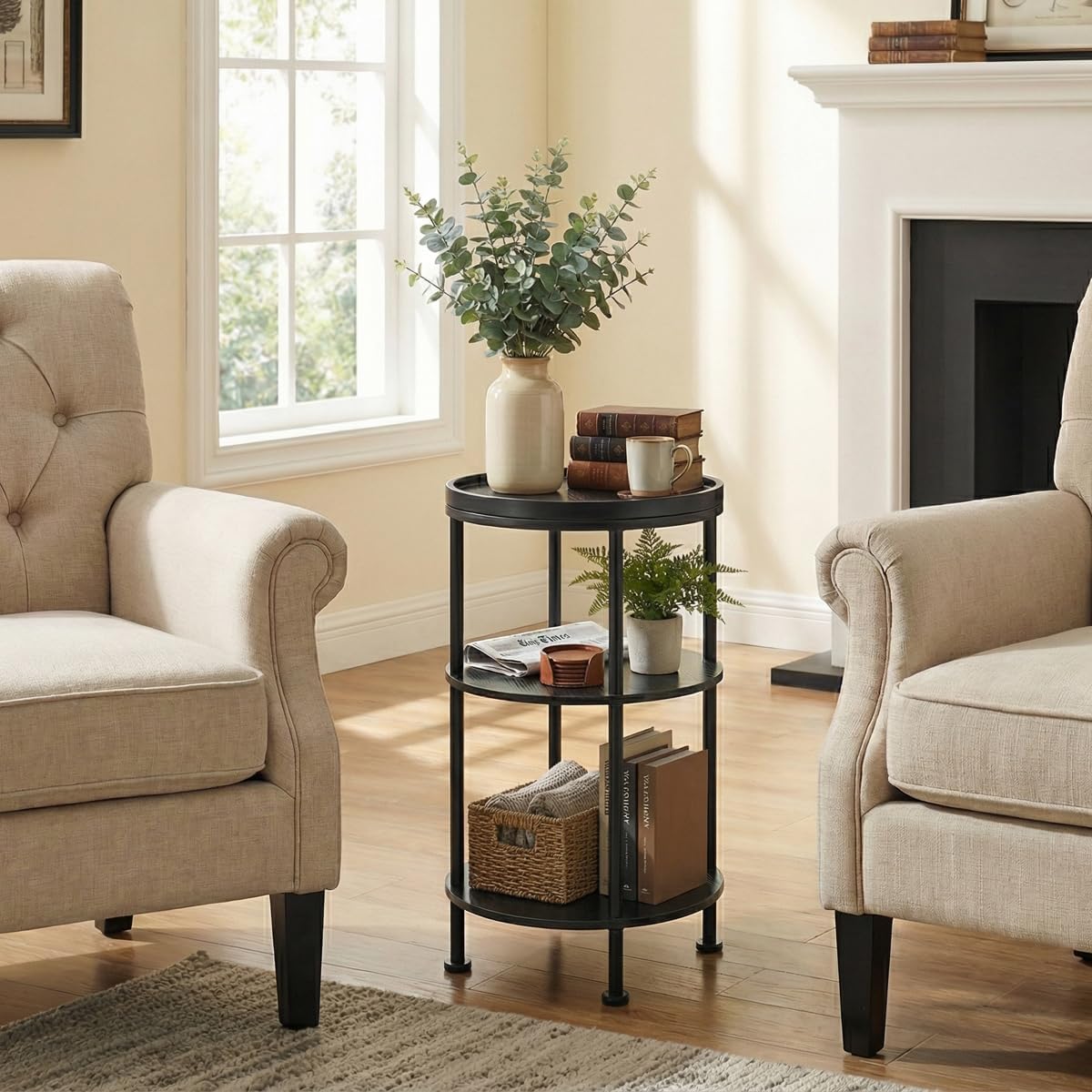 Small Round Side Table with Tray Top, 3-Tier Black End Table for Living Room & Bedroom, Modern Metal Nightstand with Storage Shelf, 11.8" Narrow Accent Table for Small Spaces, Balcony, Classic Black