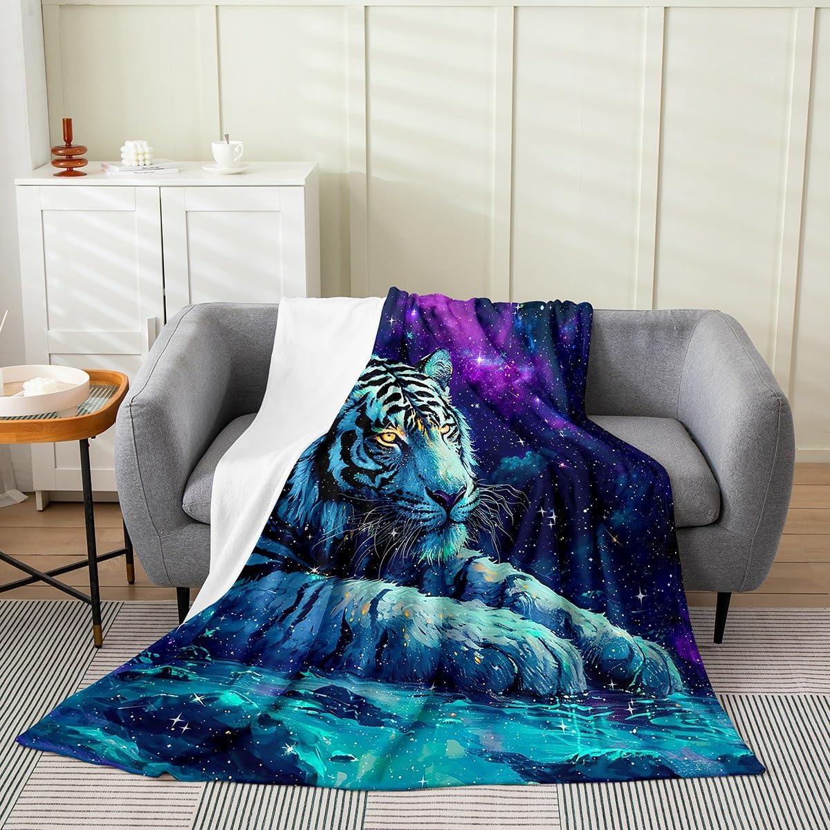 Feelyou White Tiger Flannel Fleece Throw Blanket Queen 90"x90" 3D Animal Print Plush Blanket for Kids Teens Luxury Galaxy Fuzzy Blanket Purple All Season Bed Blanket